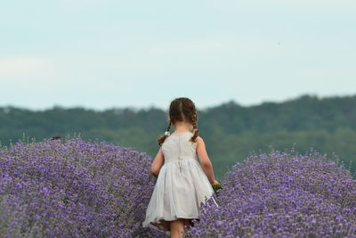 Rear view of girl walking amidst flowers against sky