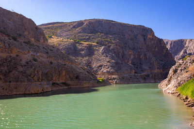 Scenic view of lake and mountains against clear sky
