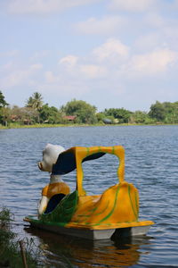 Ducks floating on lake against sky