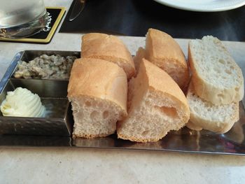 High angle view of bread in plate on table
