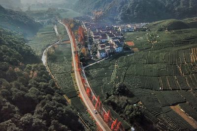 High angle view of sea against mountain