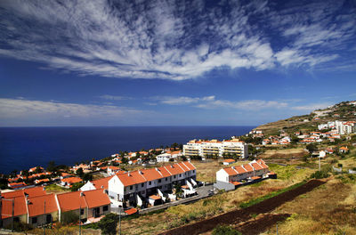 High angle view of sea against cloudy sky