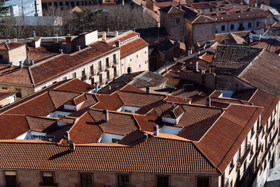 High angle view of houses in town
