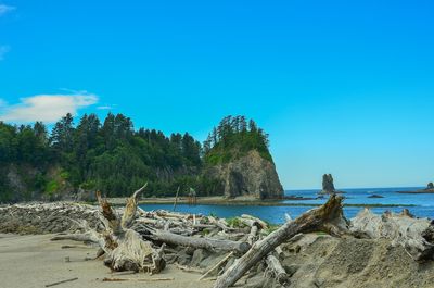 Scenic view of beach against clear blue sky