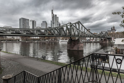 View of bridge over river against cloudy sky