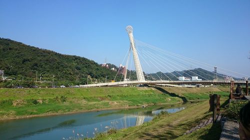 Suspension bridge over river against blue sky