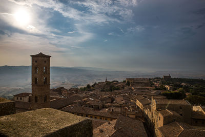 High angle view of old building against sky