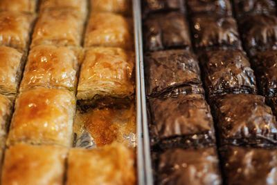 Full frame shot of baked pastry items on retail display at bakery store