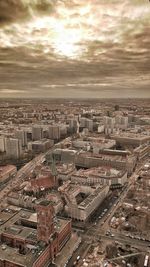 High angle view of townscape against sky during sunset