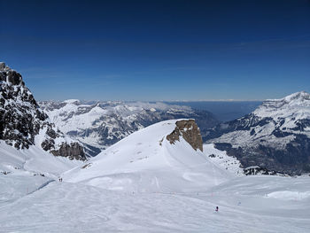 Scenic view of snow covered mountains against sky