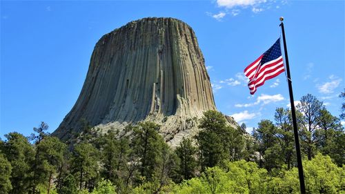 Low angle view of flag amidst trees against blue sky