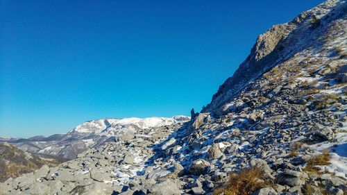 Scenic view of mountains against clear blue sky