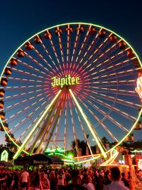 People in amusement park against sky at night