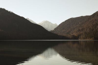 Scenic view of lake and mountains against clear sky