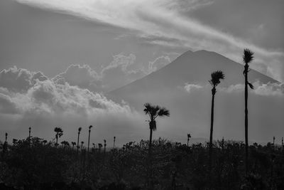 Agung volcano in east bali, indonesia. black and white photo