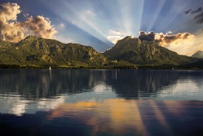 Scenic view of lake by mountains against sky