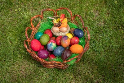 High angle view of eggs in basket