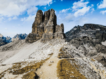 Aerial view rock mountain on landscape against cloudy sky