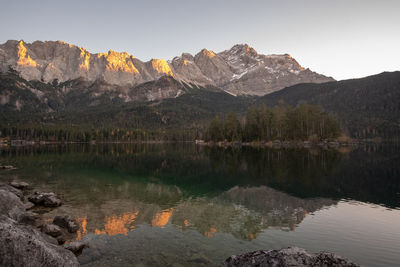 Scenic view of lake and mountains against sky