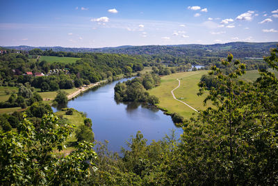 High angle view of river amidst plants against sky