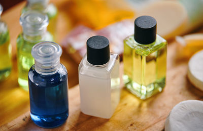 High angle view of bottles on table