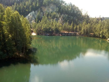 Scenic view of lake in forest against sky