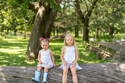 Portrait of cute girls sitting on tree trunk at park