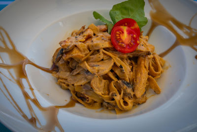 High angle view of pasta in plate