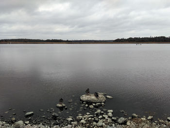 View of calm lake against cloudy sky