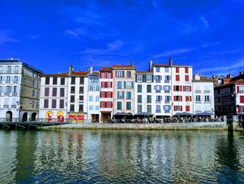 Buildings by river against blue sky