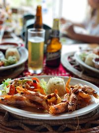 Close-up of food served on table