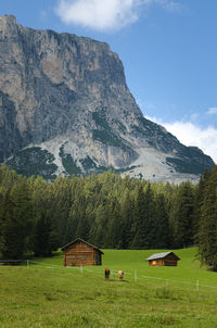 Scenic view of green landscape and mountains against sky