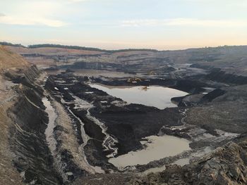 High angle view of dramatic landscape against sky