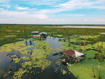 High angle view of agricultural landscape against sky