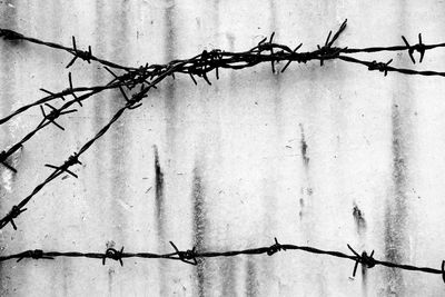 Close-up of barbed wire against wall