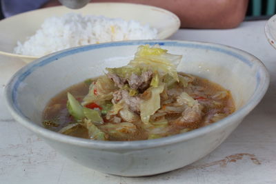 High angle view of soup in bowl on table