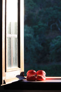 Close-up of shoes on window sill at home