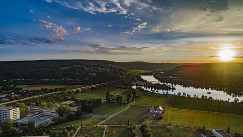 High angle view of landscape against sky during sunset