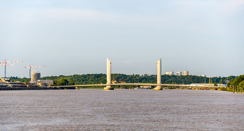 Bridge over river against buildings in city