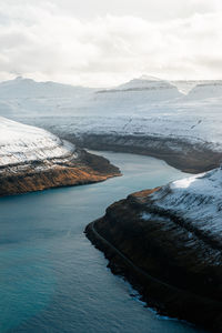 Scenic view of lake by snowcapped mountains against sky