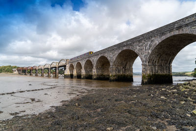 Arch bridge over river against sky