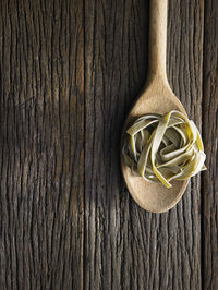 High angle view of tagliatelle pasta on table