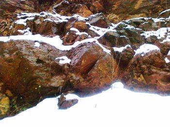 Scenic view of lake by mountains during winter