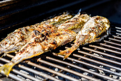 High angle view of meat on barbecue grill