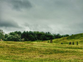 Scenic view of grassy field against cloudy sky