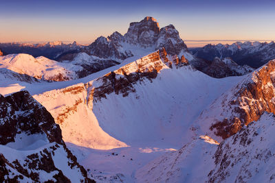 Scenic view of snowcapped mountains against sky during sunset