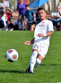 Young man playing soccer ball on field