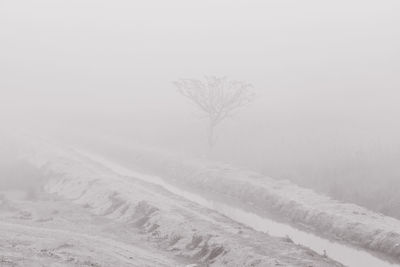 Scenic view of snow covered land against sky