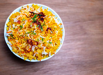 High angle view of food in plate on table