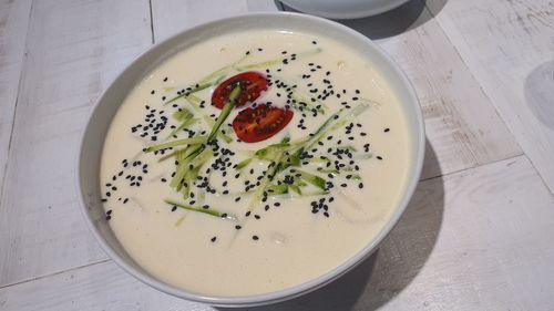 High angle view of soup in bowl on table